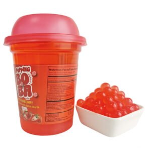 a cup of strawberry flavor boba drink